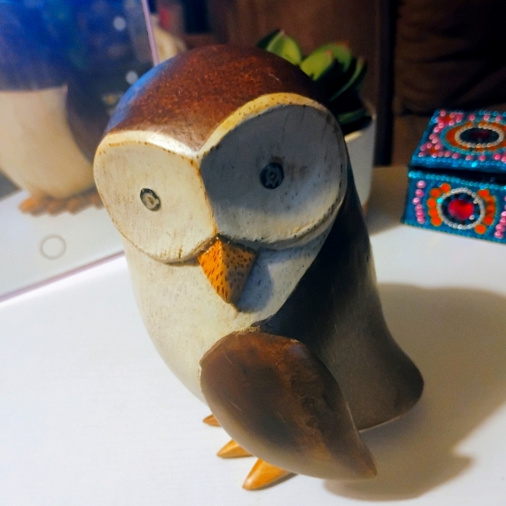 Handcrafted Wooden Owl Figurine From Douk- Brown and Cream